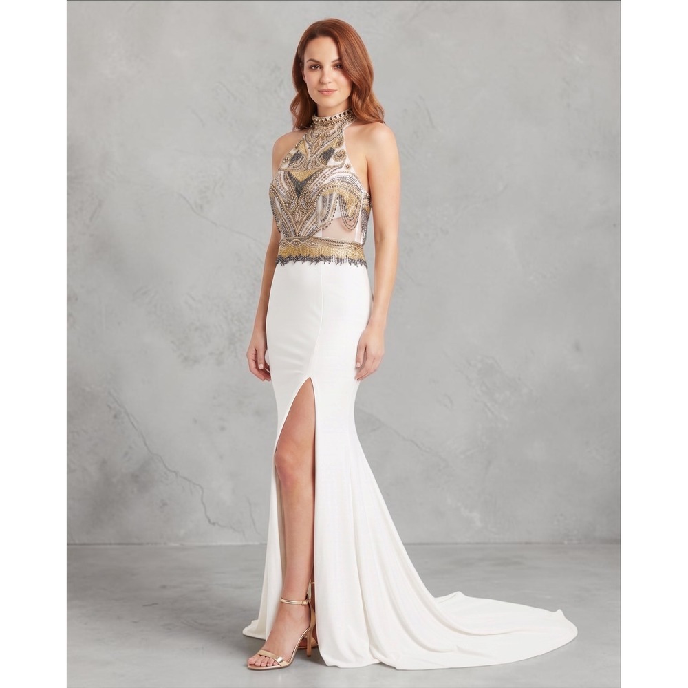 Tony Bowls Size 2 White Gold Beaded Fringe Illusion Halter Pageant Gown Train